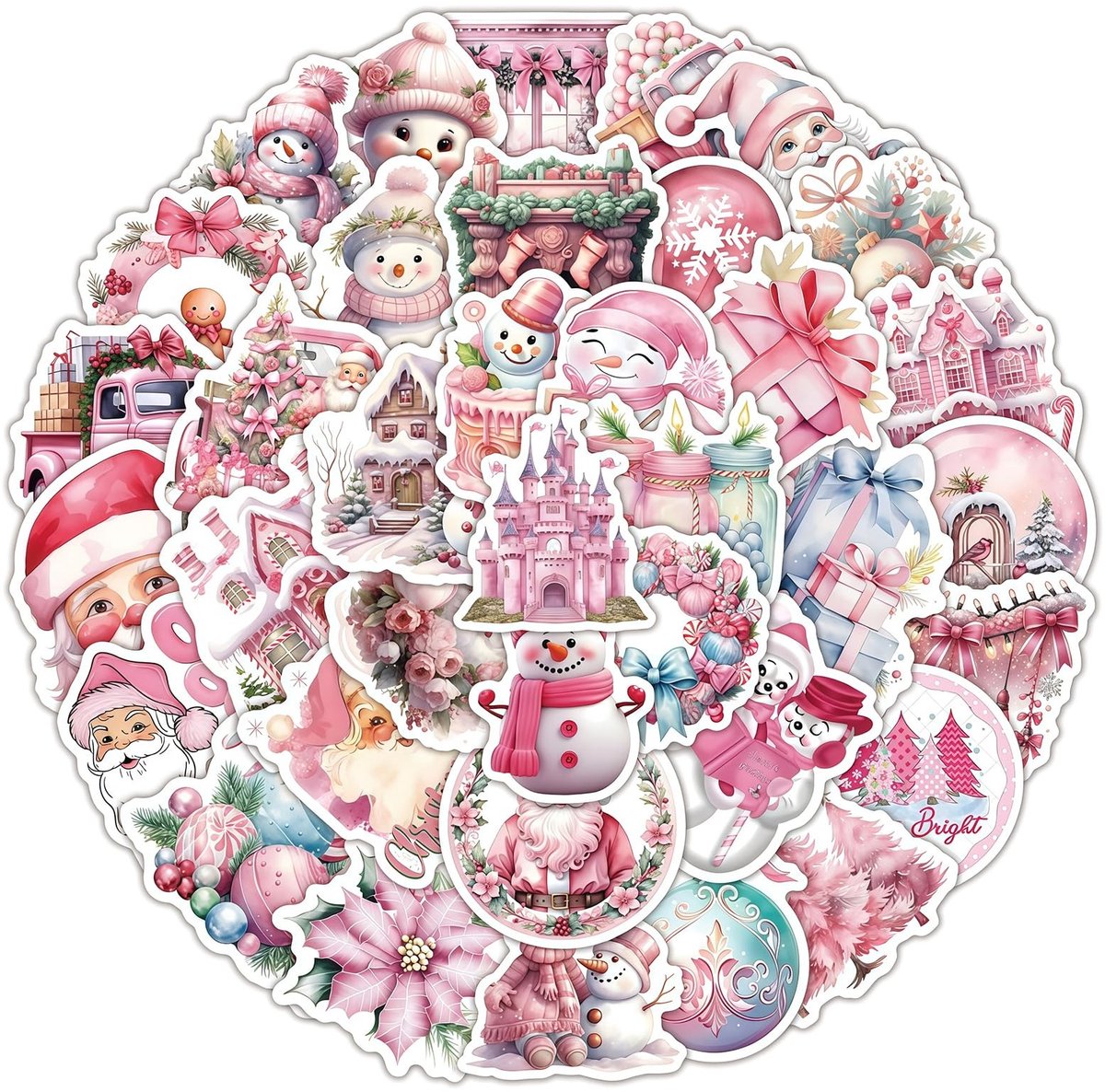 Dailygoods- Kerststickers 52 Stuks - Roze Vintage - Stickers Kinderen - Party Favor - Graffiti Decals - Geen Duplicaten