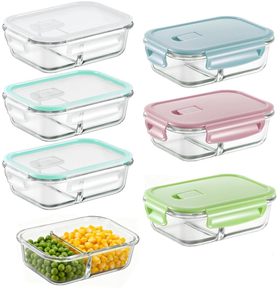Dailygoods- Glazen Containers 6 Stuks - Lekvrije/Luchtdichte Voedselopslagcontainers - Borosilicaatglas - 640 ml - 2 Compartimenten - Afmetingen 17,1 x 12,6 x 5,3 cm - Voedselopslag