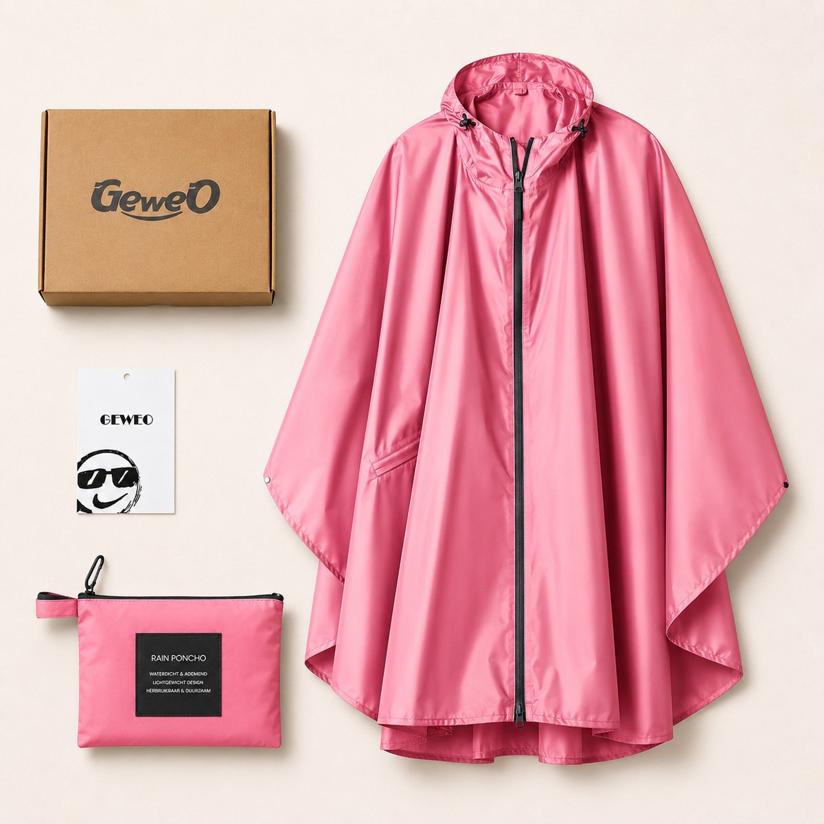 Geweo Regenponcho Volwassenen - Regenmantel Poncho - Raincoat Heren -Fietsponcho - Fietsponcho Fiets Dames - Herbruikbaar- One Size - Unisex - Adjustable Hood en Snap-buttons - Roze