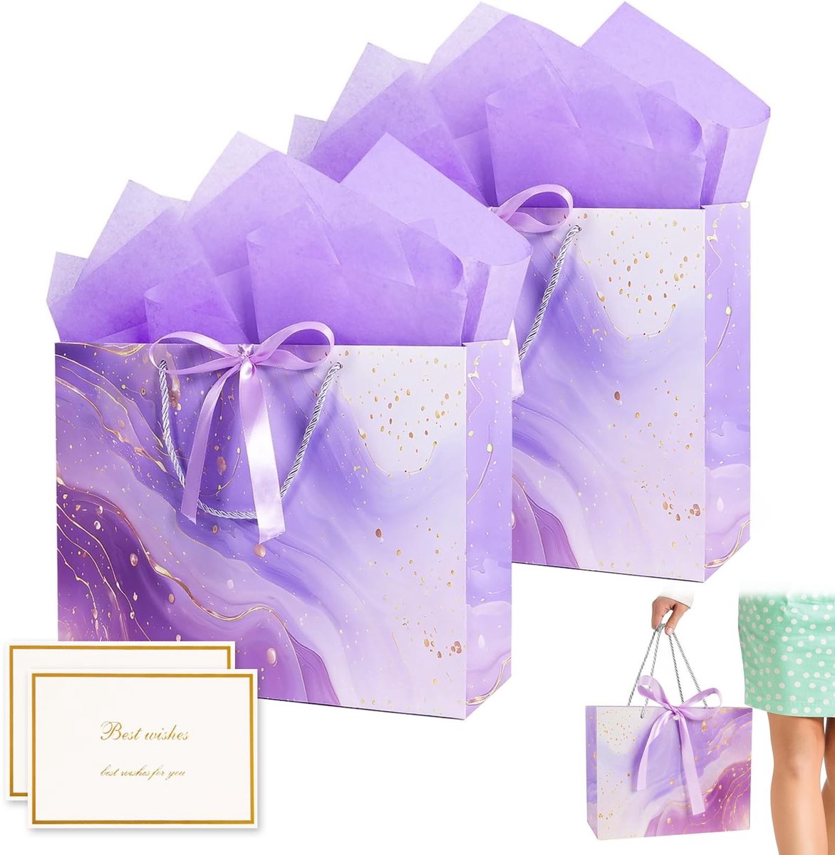 Dailygoods- Cadeauzakjes Luxe Marmer Design - 2 Paarse Zakjes - Wenskaarten - Tissuepapier - 25x20x12 cm - Chique Verpakking - Cadeauverpakking