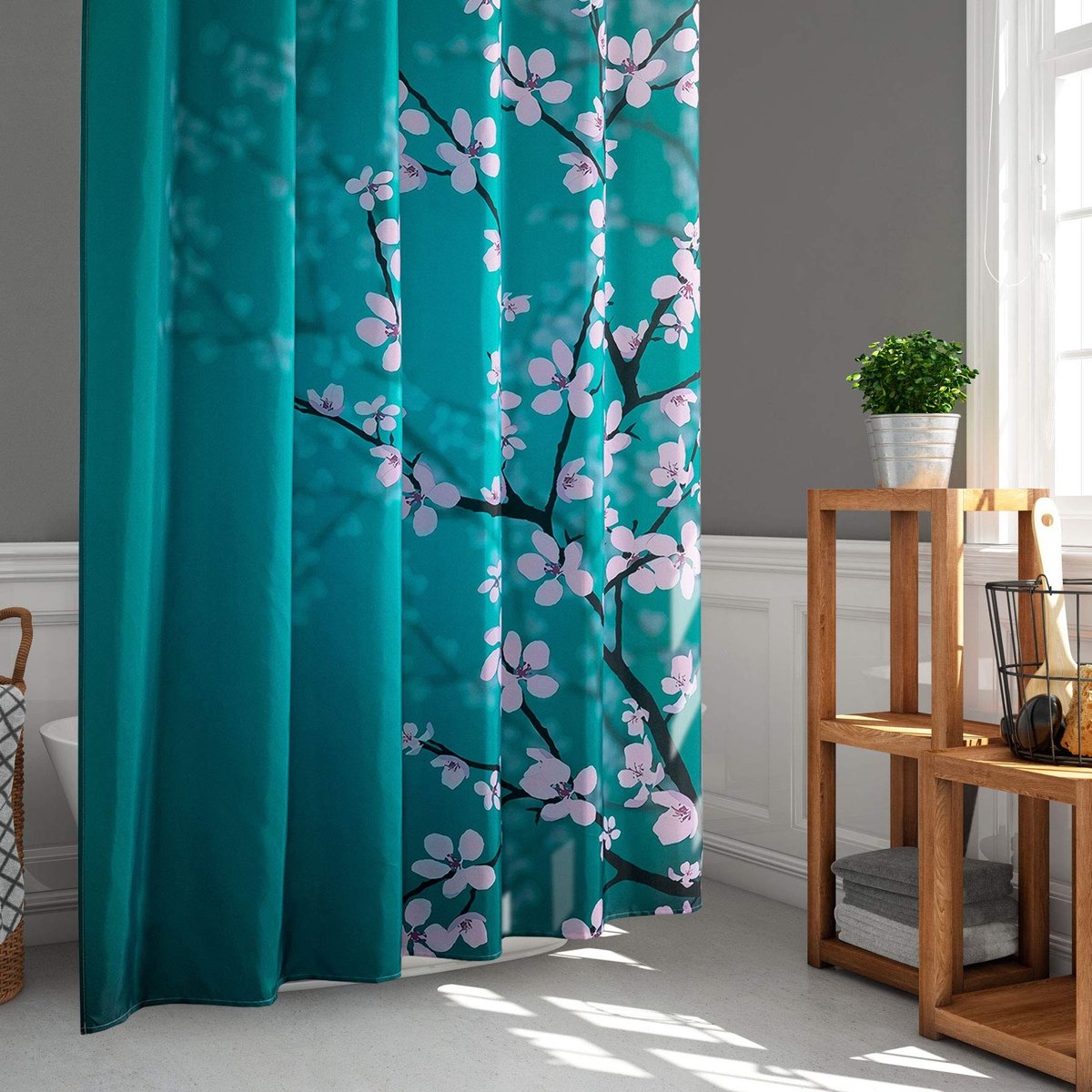 Dailygoods- Douchegordijn Pruimenbloesem - Duurzaam - Waterdicht - 180x180 cm - Baddecor - Milieuvriendelijk Polyester - Badkamer Gordijn