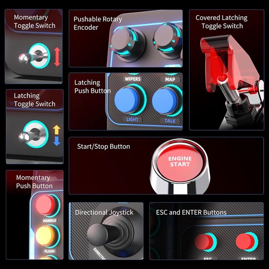 Raceknoppenbox - Simulatie Bediening - Games Simuleren - RGB Verlichting - 19 Knoppen - Zwart — afbeelding 2