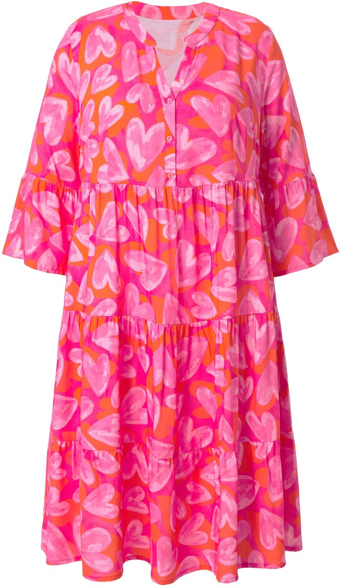 MIAMODA - Dames - Midi-jurk A-lijn hartmotief 3/4-mouw met volant - Roze - Maat 42