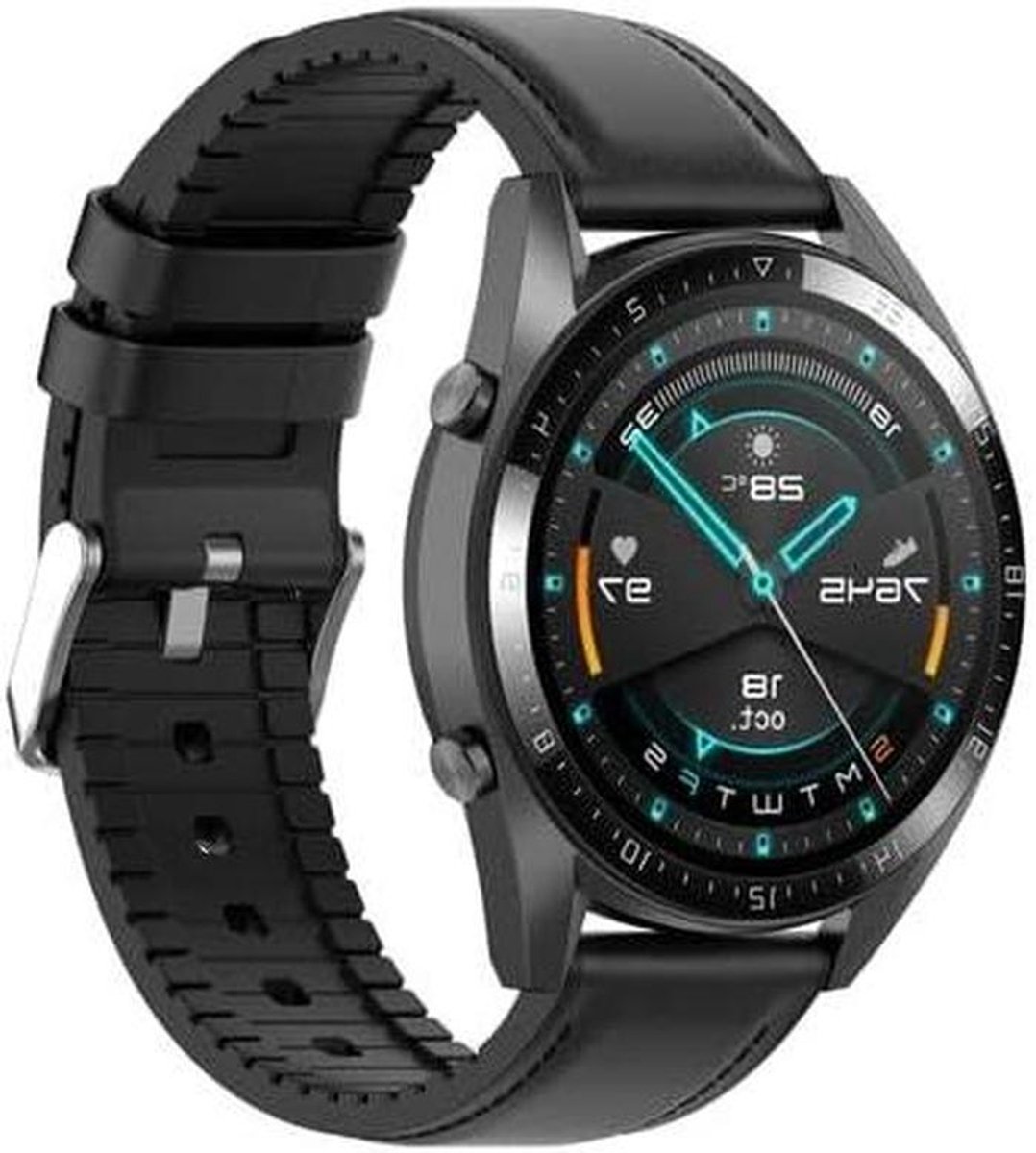 Horlogeband - Verstelbare band - Smartwatch dragen - Leer en siliconen - 20mm breed - Zwart