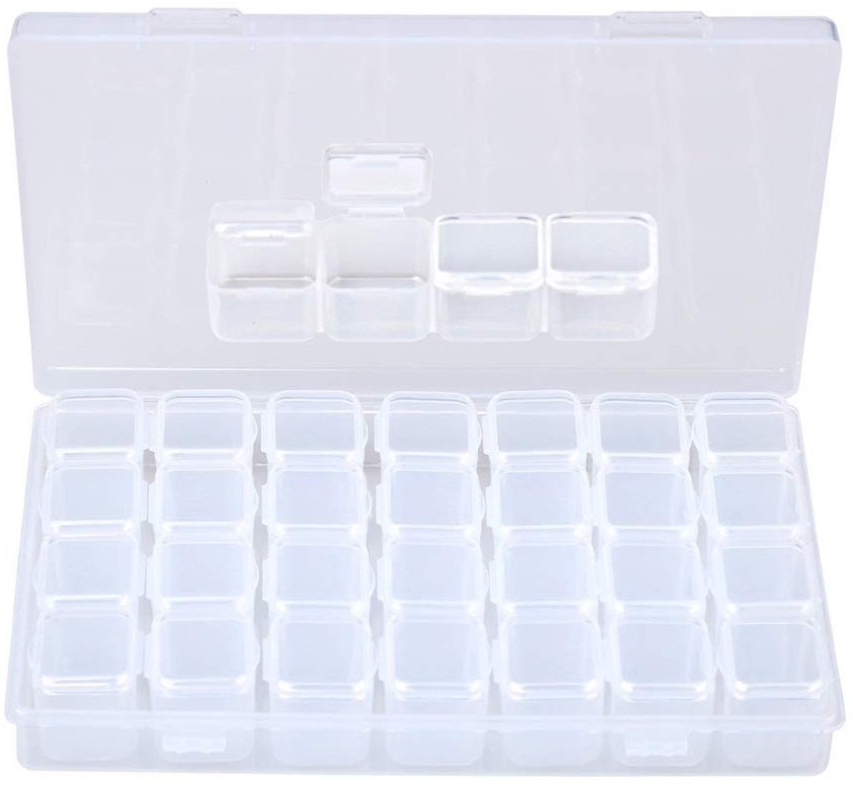 Dailygoods- Sorteerdoos 28 Vakken - Afneembare Tweezitsdoos - Transparant - Dubbele Afdichting - Mini-vakken 2,3x1,9x2,1 cm - Bescherming tegen Stof/Roest - Opbergdoos