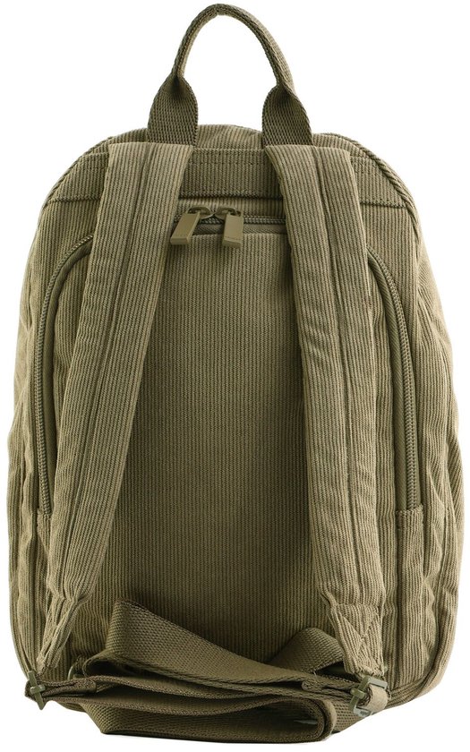 Achterkant van een beige ribfluwelen rugzak met Hedgren-logo, verstelbare schouderbanden.