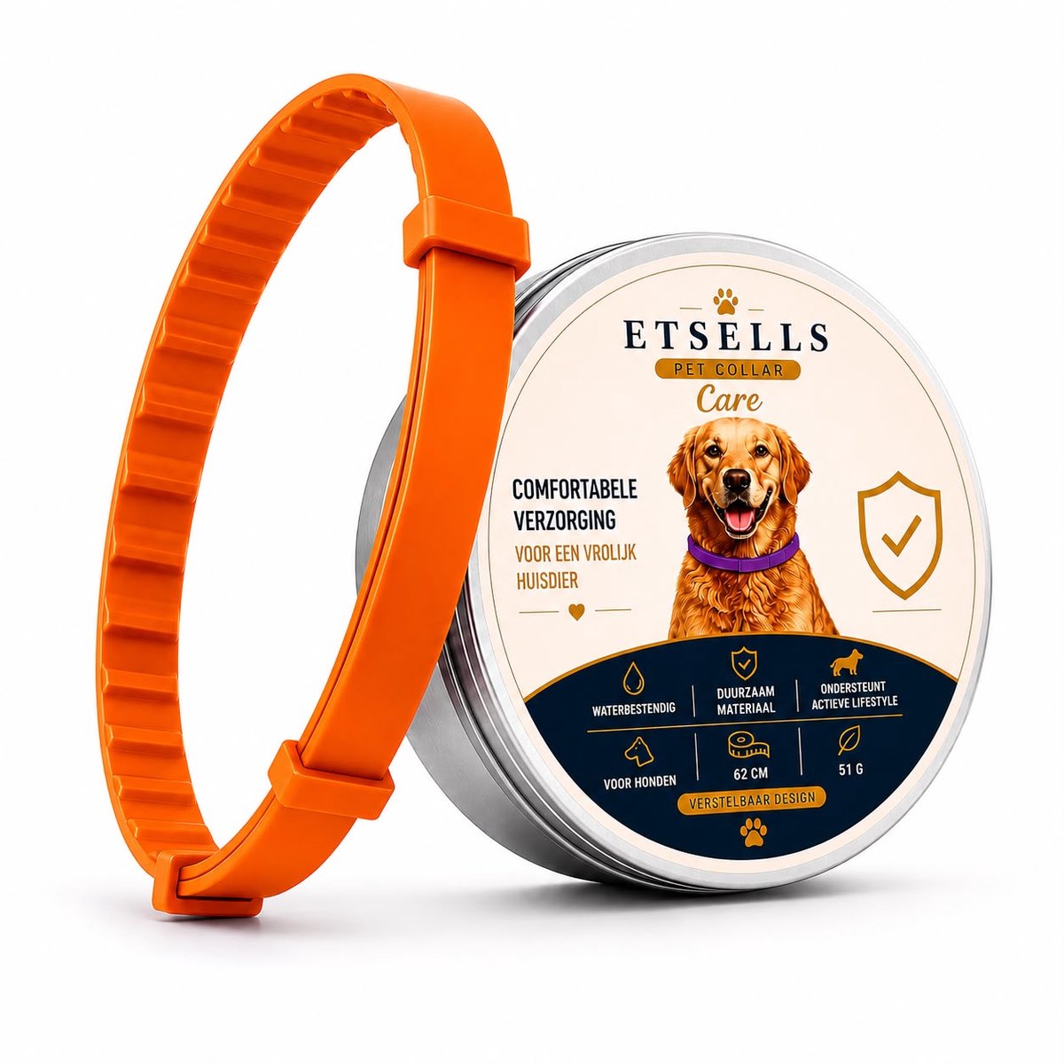 ETSELLS Halsband Hond Oranje – Verstelbare Hondenhalsband tot 62 cm – Waterbestendig, Lichtgewicht en Duurzaam – Inclusief Verzorgingskam