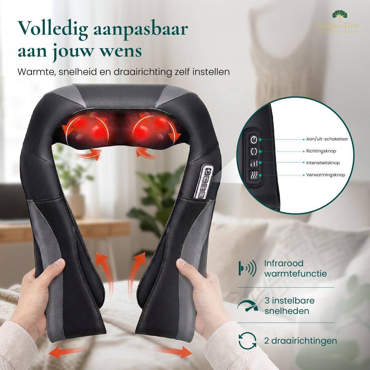 Gingko® Zen Shiatsu Massagekussen - Nekmassage Apparaat Draadloos - Infrarood Warmtefunctie - Elektrisch - Rugmassage Apparaten voor Nek, Schouder, benen, voeten, buik - 8 Massagekoppen met Infrarood - 1,5 uur gebruik - Luxe Opbergtas - Zwart/Grijs — cadeau in Cadeau-ideeën - foto 7