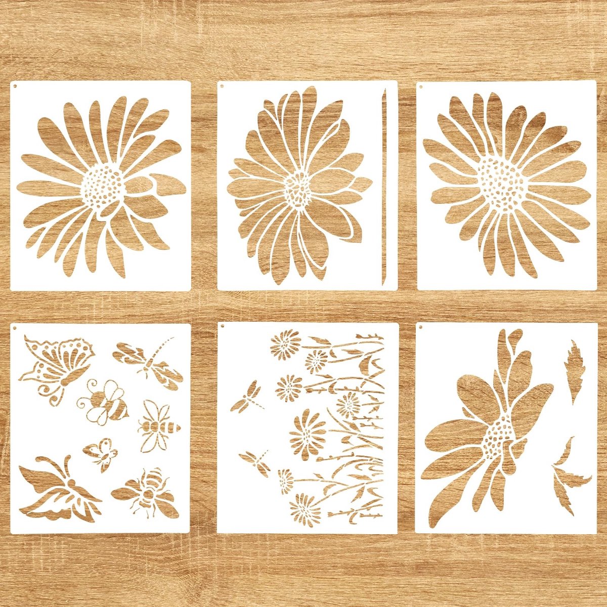 Dailygoods- Bloemensjablonen Set van 6 - Herbruikbare Stencils - 30x35cm - PET Plastic - Flexibel - Inclusief Bloemen/Insecten Patroon - Schilderstencils