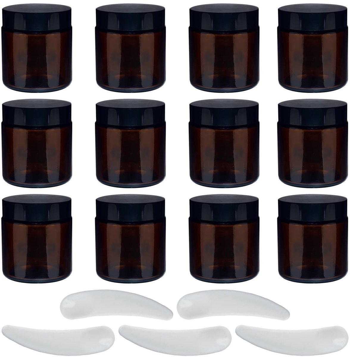 Dailygoods- Crèmepot 100 ml - Set van 12 - Amber Glas - UV-bescherming - Goede afsluiting - Inclusief 5 Spatels - Perfect voor cosmetica - Cosmetic Jar