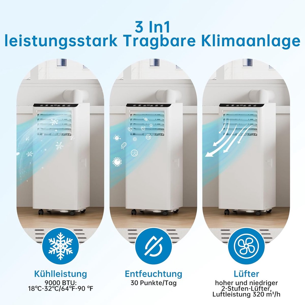 Mobiele Airco - Verkoeler Ontvochtiger - Ruimte Koelen - 3-in-1 Functionaliteit - 9000 BTU - Zwart thumbnail 3
