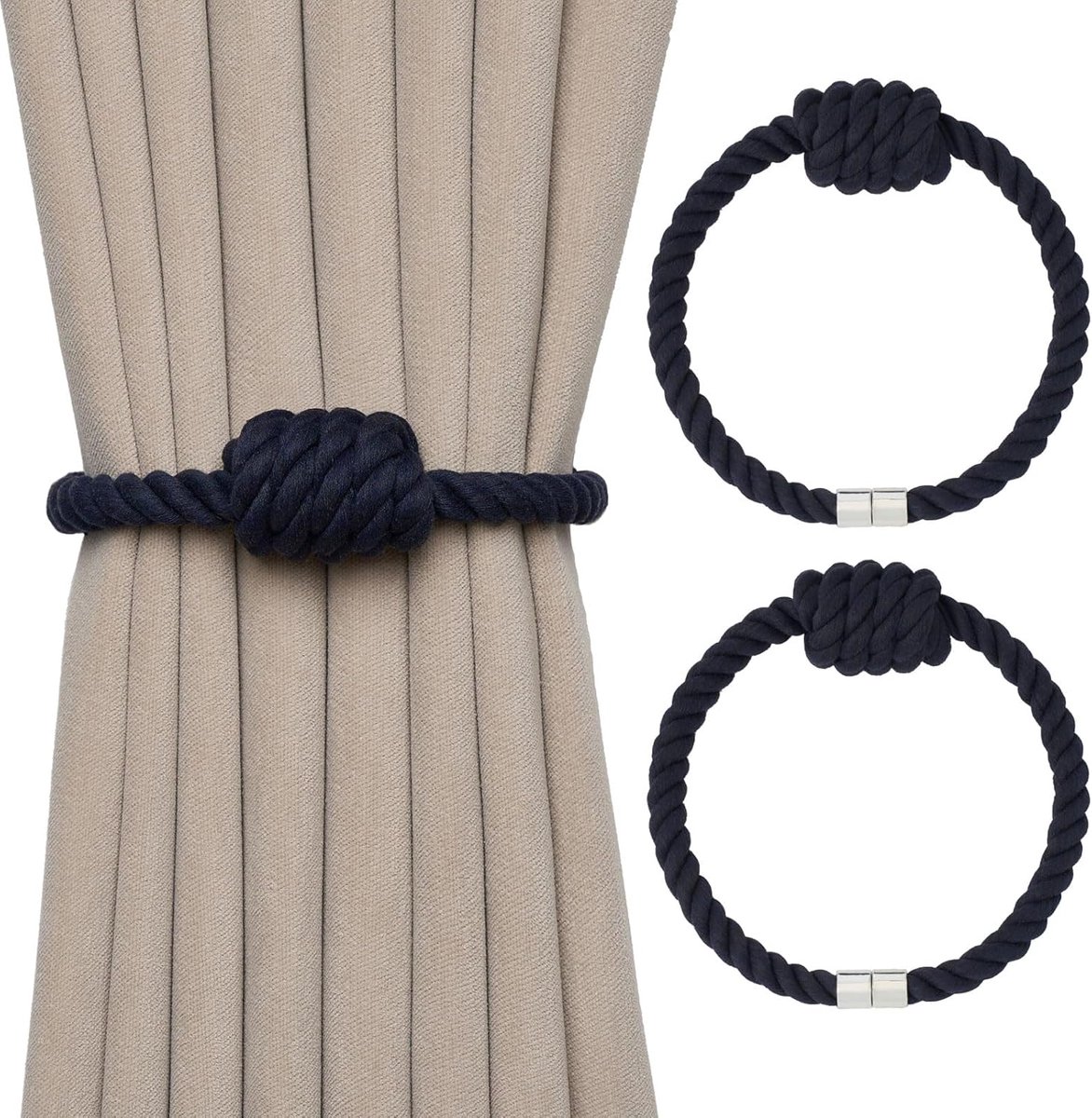 Set van 2 magnetische gordijnbinders van natuurlijk katoen, bohemian stijl, elegante handgeweven decoratieve gordijnbinders met knoop, geschikt voor gordijnen in huis en op kantoor (donkerblauw)