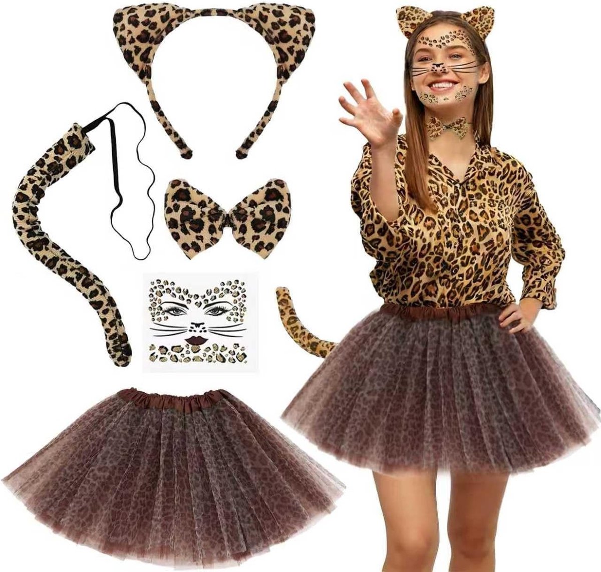 Carnavalskostuum voor Dames met Bruine Tulle Rok, Luipaard Oren, Staart en Vlinder Gezichts-Tatoeage voor Feestjes en Themapartijen