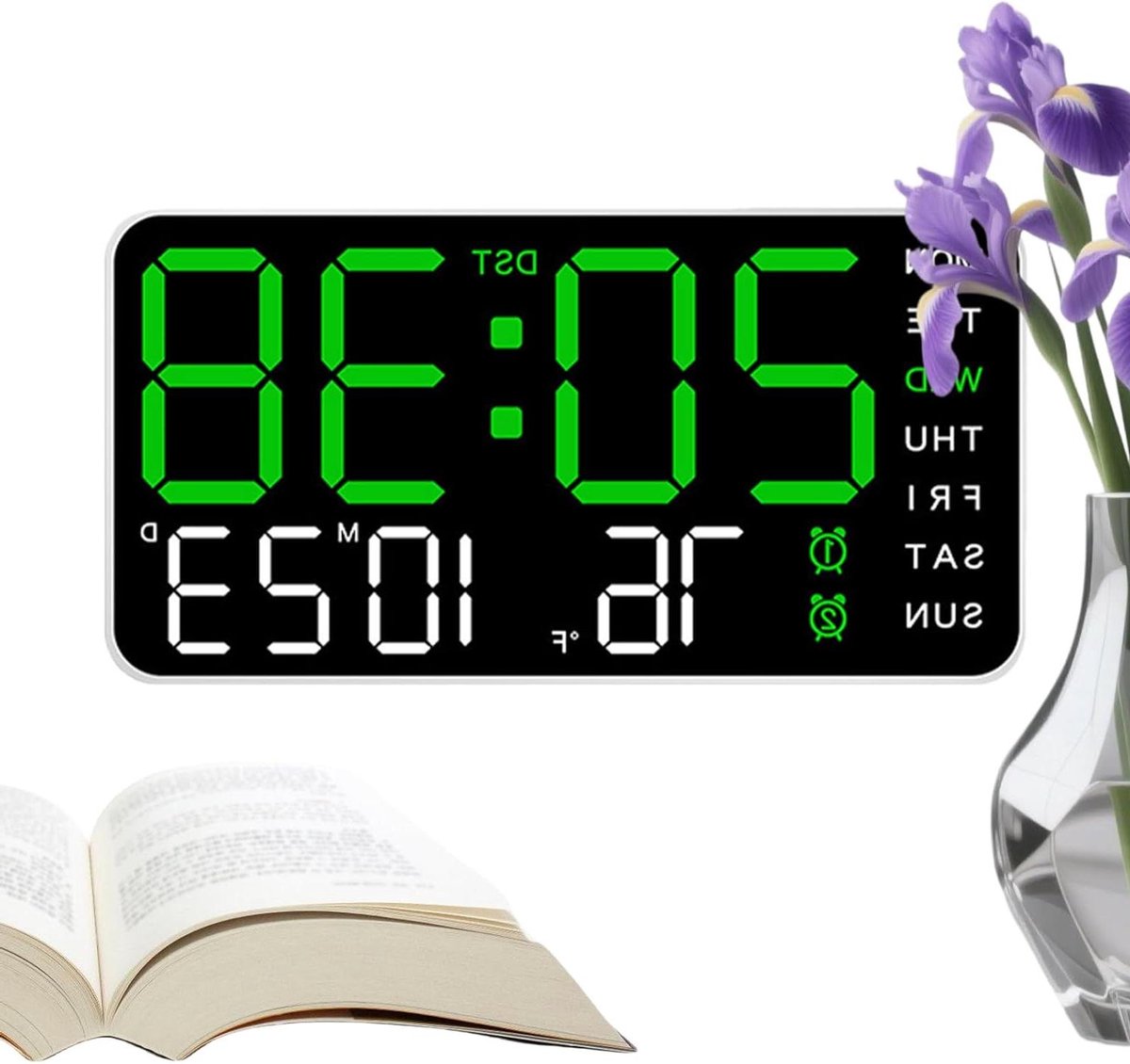 Digitale Wandklok - Led Klok - Tijd Weergeven - Automatische Helderheid - 21.5 cm - Wit Groen