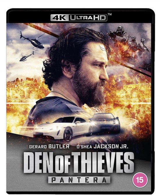 4K Ultra HD Blu-ray van Den of Thieves met Gerard Butler. Op de cover staat een man met baard, twee auto's en helikopters.