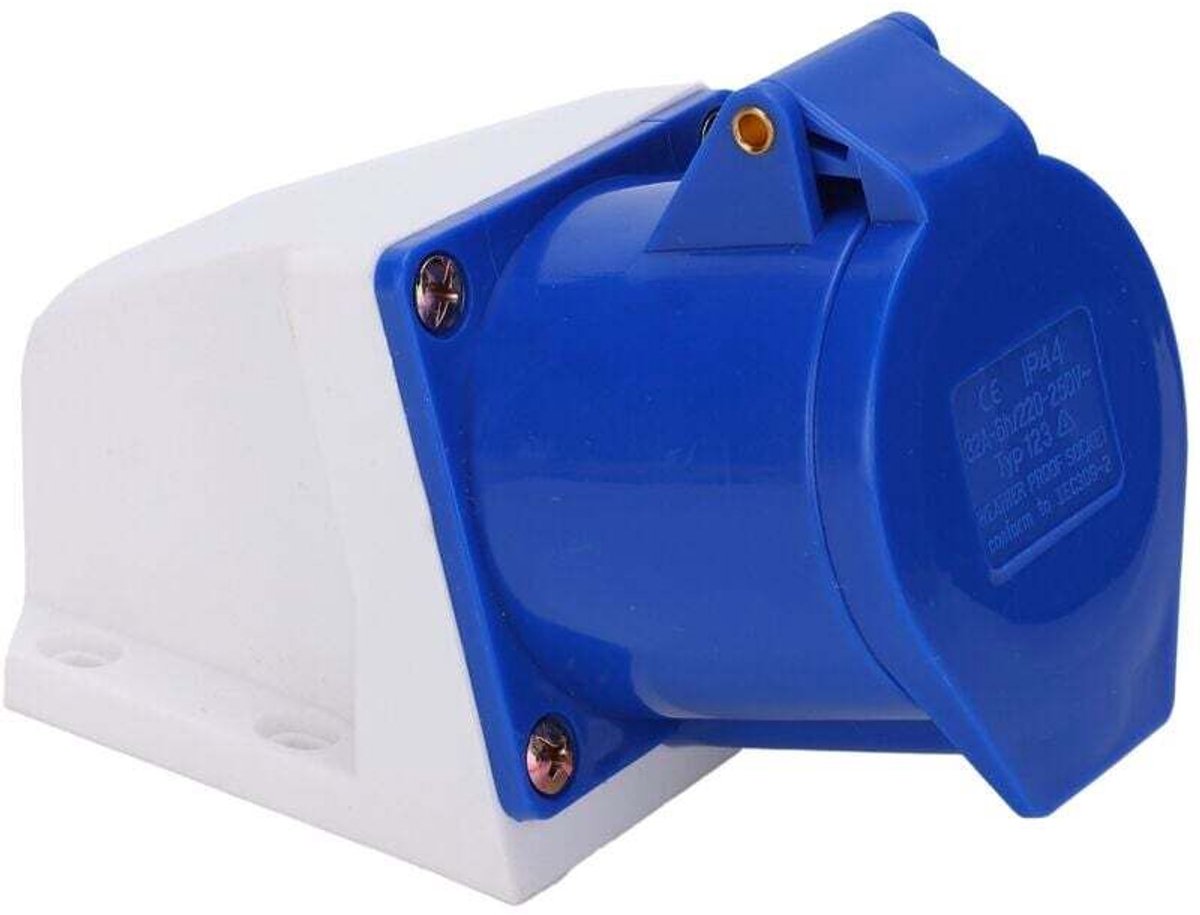 32A industrieel stopcontact, 220-250V voeding, 3-polig, explosiebestendig, hoogwaardig kunststof, geschikt voor fabrieken en werkplaatsen.