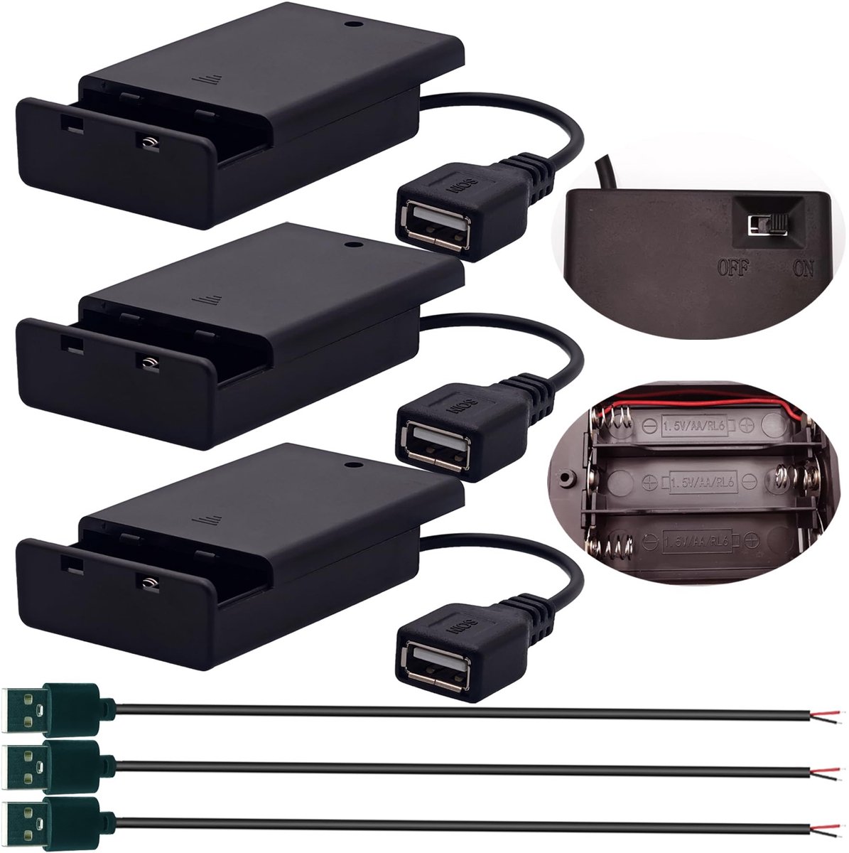 Dailygoods - Batterijhouder voor 3 AA Batterijen met USB-Aansluiting