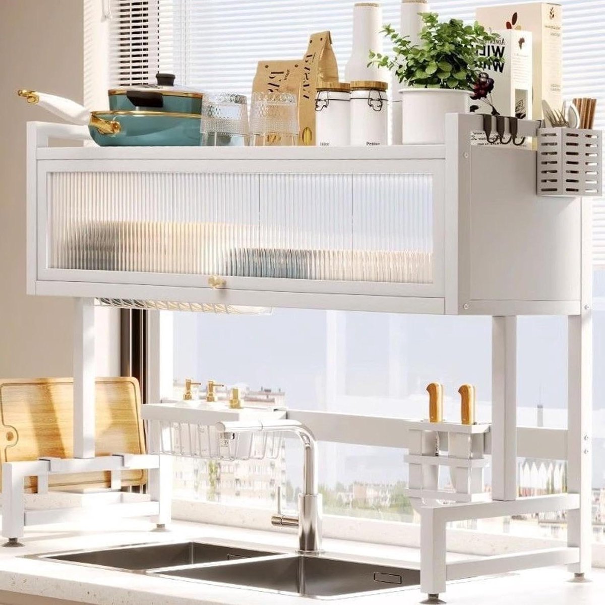 Droogrek Gootsteen - Keuken Organizer - Keukengerei Drogen - Stofdichte Deksel - 74 cm - Wit