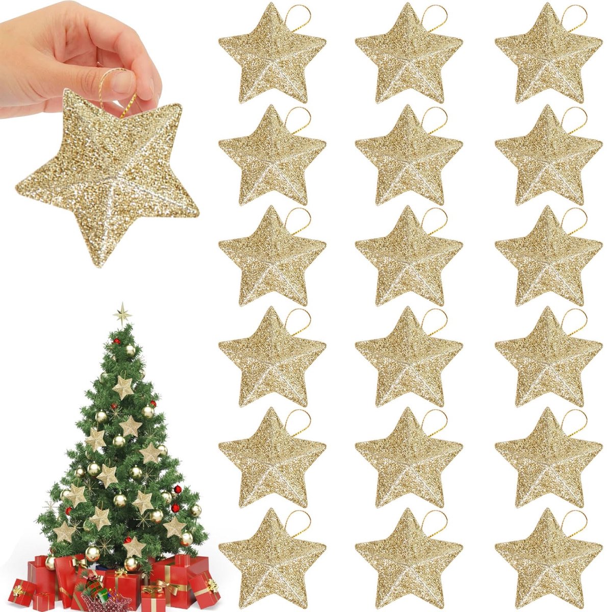 Dailygoods - 24 Gouden Kerstboomversieringen in Stervorm met Glitter