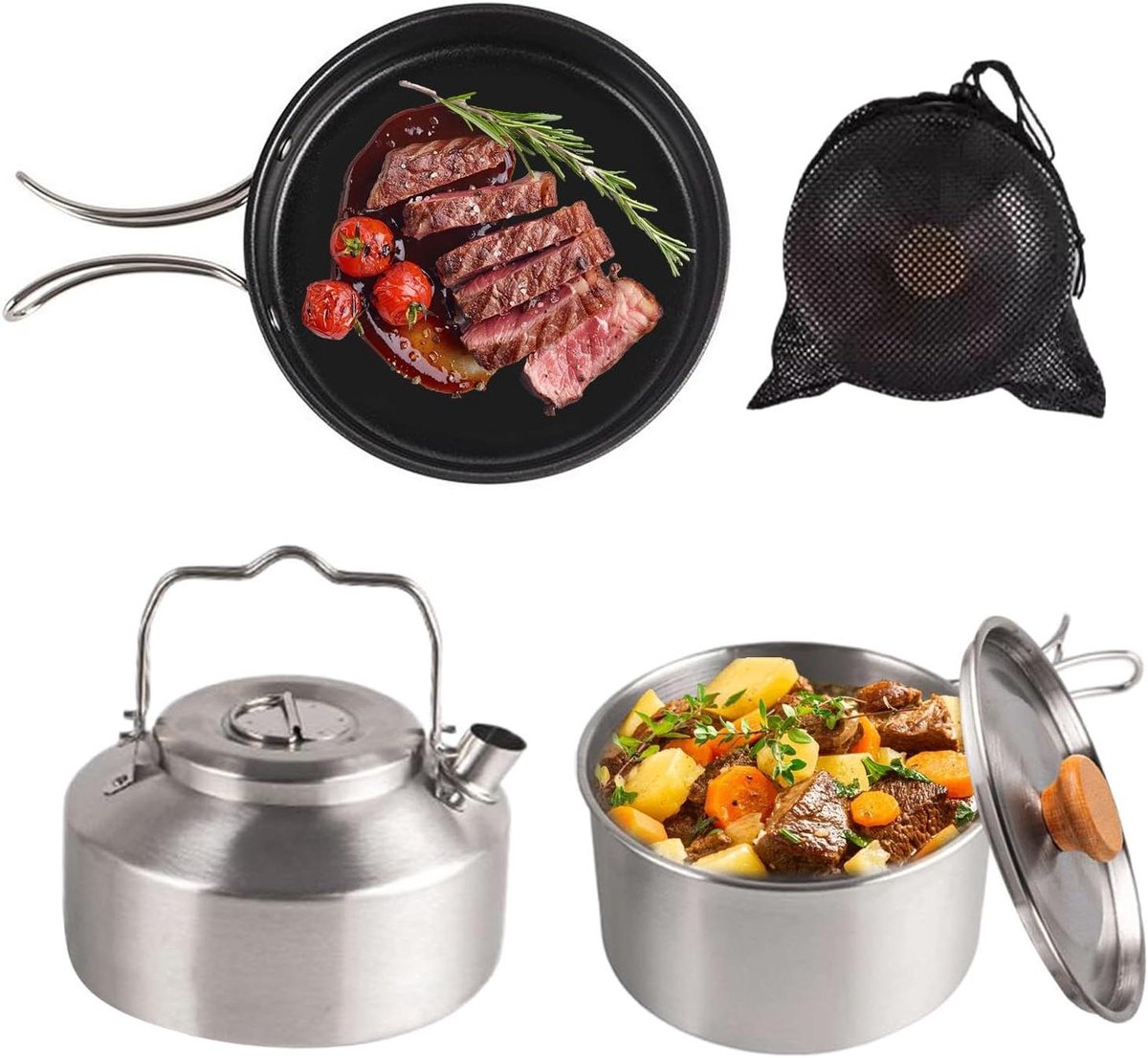 Pannenset - Kookset Camping - Outdoor Koken - Antiaanbaklaag - 3 Delig - Zilver
