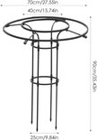 Zwarte metalen plantensteun met cirkelvormige bovenkant, 90 cm hoog, 70 cm diameter.