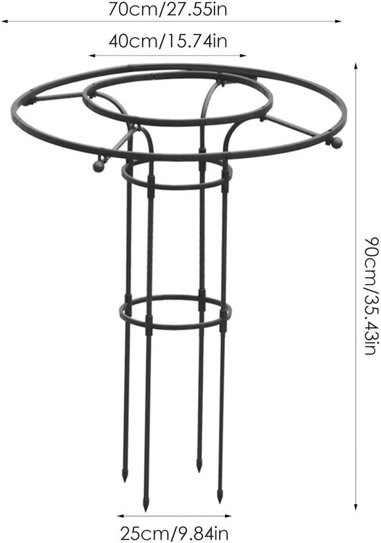 Zwarte metalen plantensteun met cirkelvormige bovenkant, 90 cm hoog, 70 cm diameter.