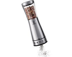 Elektrische Pepermolen - Compacte Molen - Kruiden Malen - Vijf Maalstanden - 7 cm Breed - Zilverkleurig