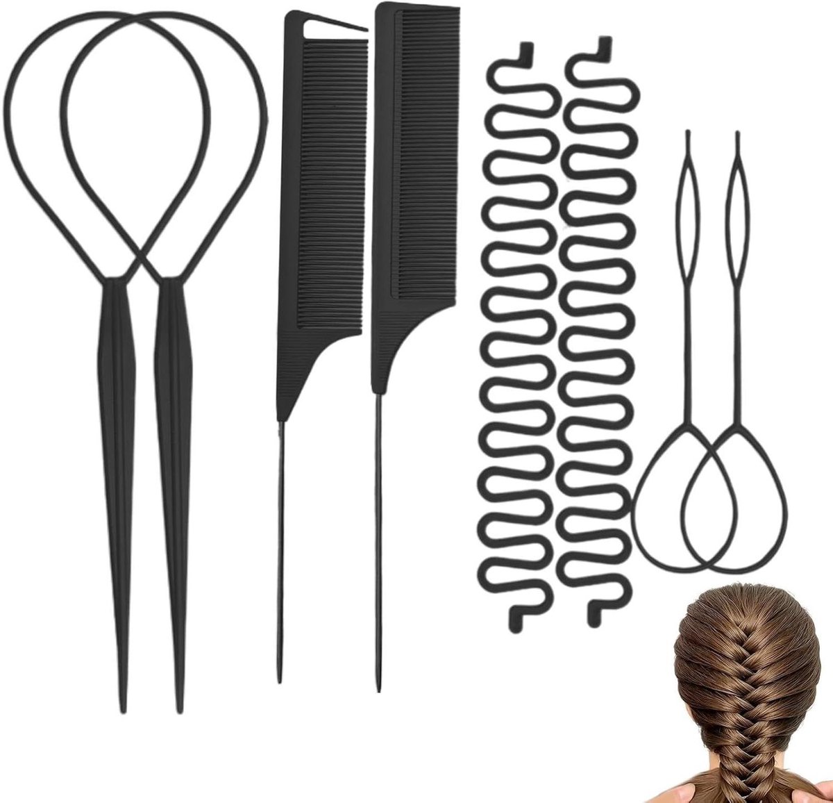 Haarstyling Tools - Vlechtkam Set - Snel Kapsels Maken - Niet-beschadigend Ontwerp - 24 x 8 x 1 cm - Zwart