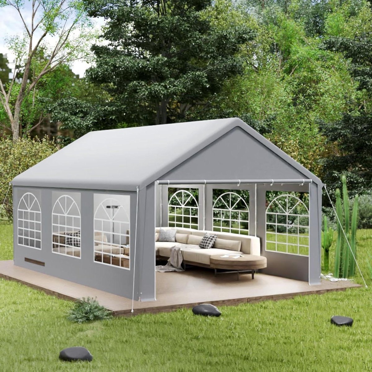 NAIZY Partytent, 4 x 6 m, paviljoen met waterdicht dak en afneembare zijwanden, tuinpaviljoen, stabiel, winterbestendig, tuintent van PE-weefsel en metalen buizen, familietent, grijs