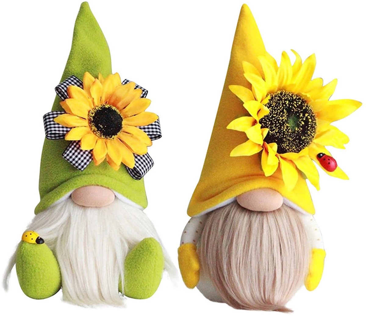 Vt products - Zonnebloem Bijen Kabouter - Handgemaakte Gevulde Kabouters - Geel en Groen - Lentedecoratie - Voor Feestelijke Gelegenheden - 2 Stuks