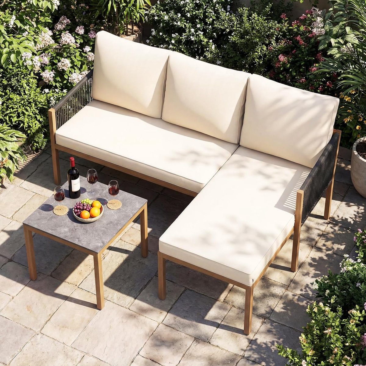 Tuinmeubelset L-vorm 171x118x64 cm met Tafel en Kussens – Luxe 3-Delige Tuinlounge Set voor Balkon & Terras – Weerbestendige Lounge Stoelen met Touwdesign en Marmerlook Salontafel – Beige – Nicolehome
