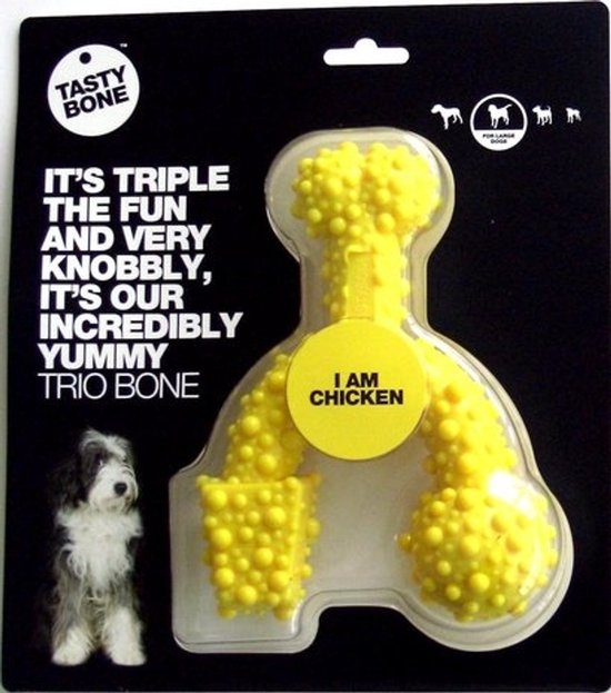 Gele, drievoudige botvormige kauwspeeltje met noppen in verpakking, "I AM CHICKEN".