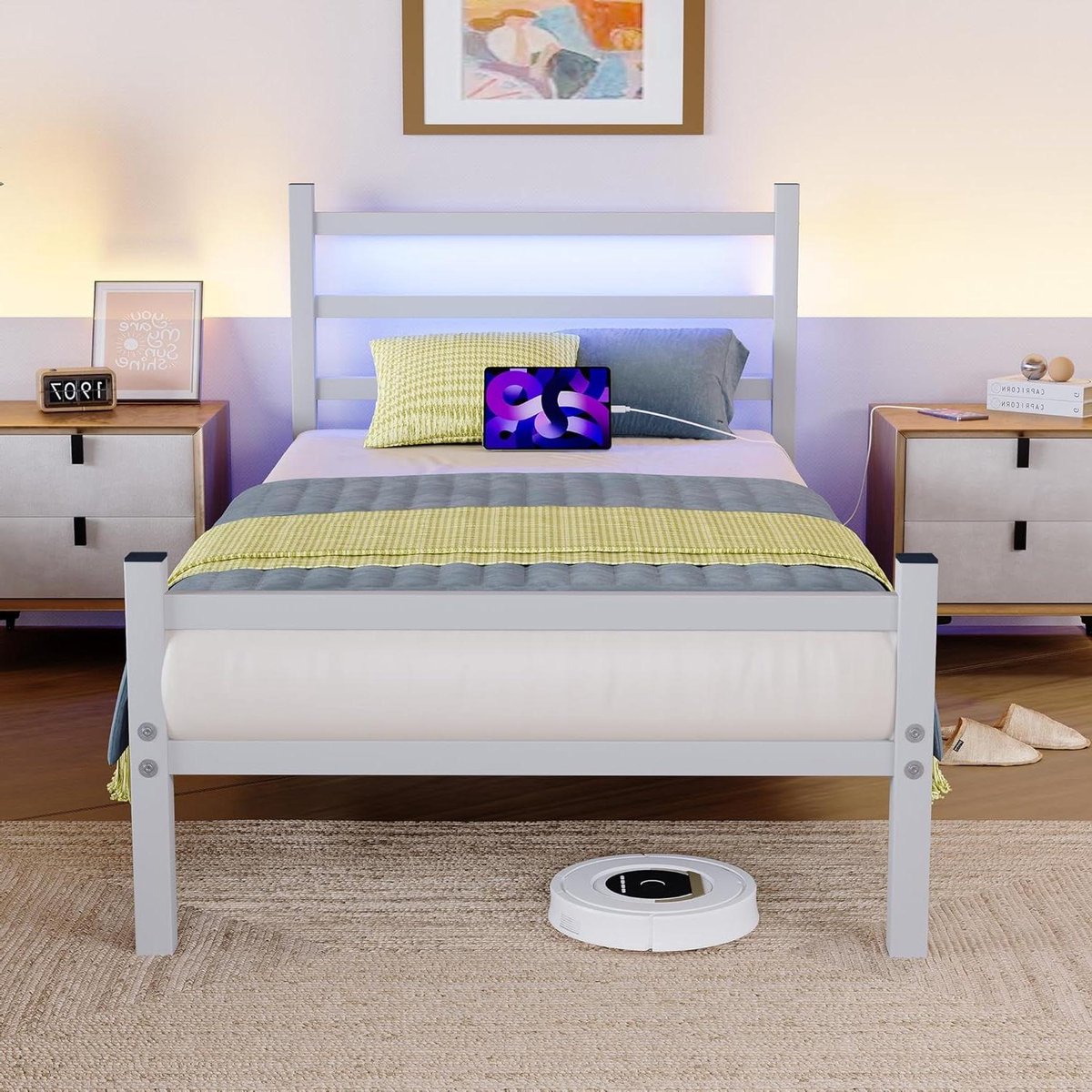 Bedframe met LED en Opslag - Eenpersoonsbed Metaal - Slaapkamer Organiseren - Geïntegreerd Laadstation - 90 x 190 cm - Wit