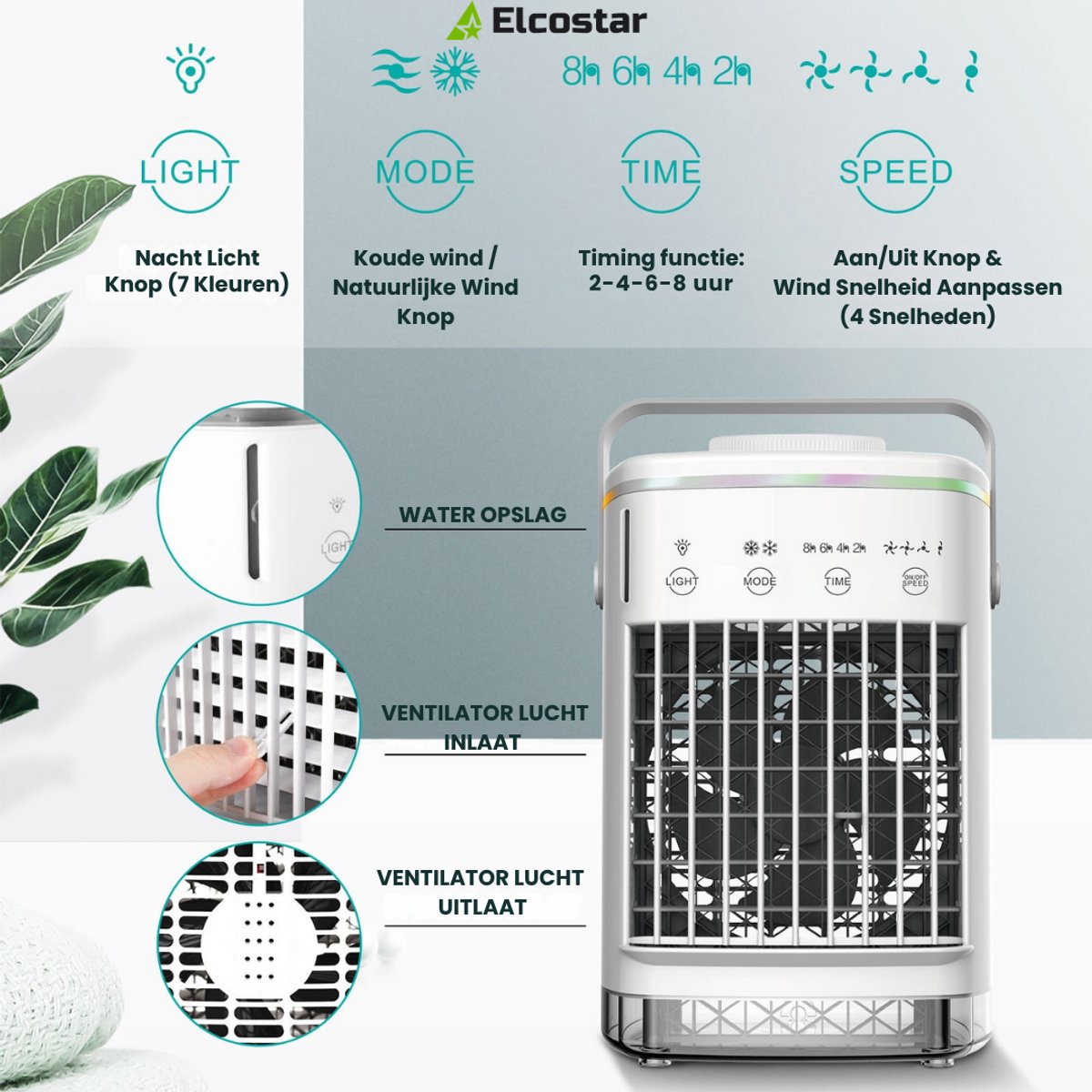 Elcostar® Premium Portable Airco - Mini Airco - 2026 Model - Mobiele Airco - Luchtkoeler 4-in-1 - 4 windsnelheden, 2 luchtbevochtingsstanden & Timer - Aircooler - Draagbare Airco - Lekvrij - Airco - Wit thumbnail 7