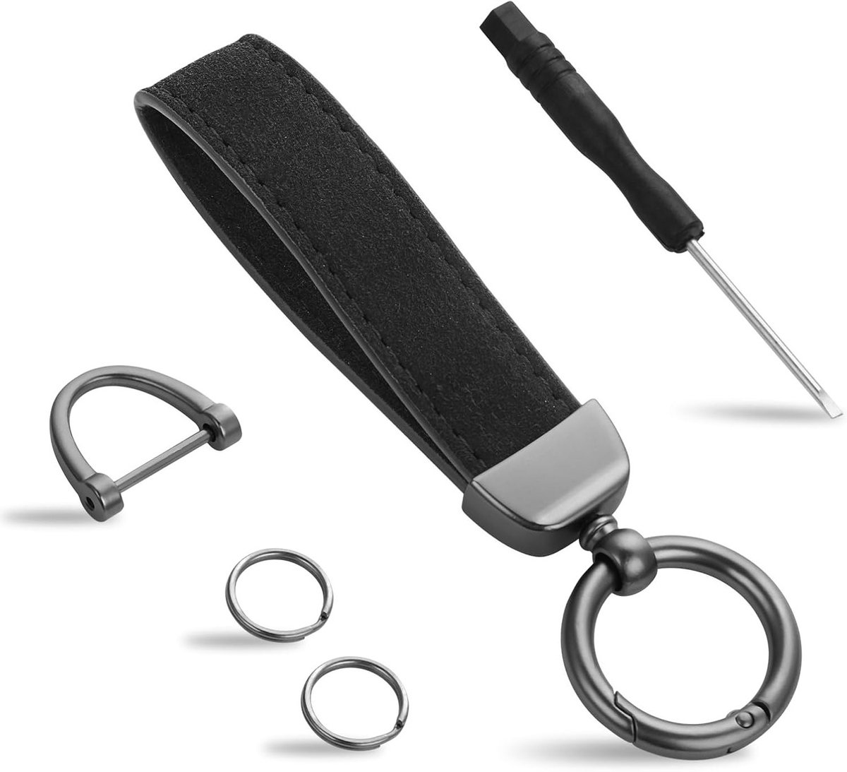 Leren Autosleutelhanger, Universele Sleutelhanger Type O en D, Sleutelhanger voor Auto's voor Vrouwen en Mannen met 2 Sleutelhangers en 1 Schroevendraaier, Perfecte Accessoire voor Sleutels