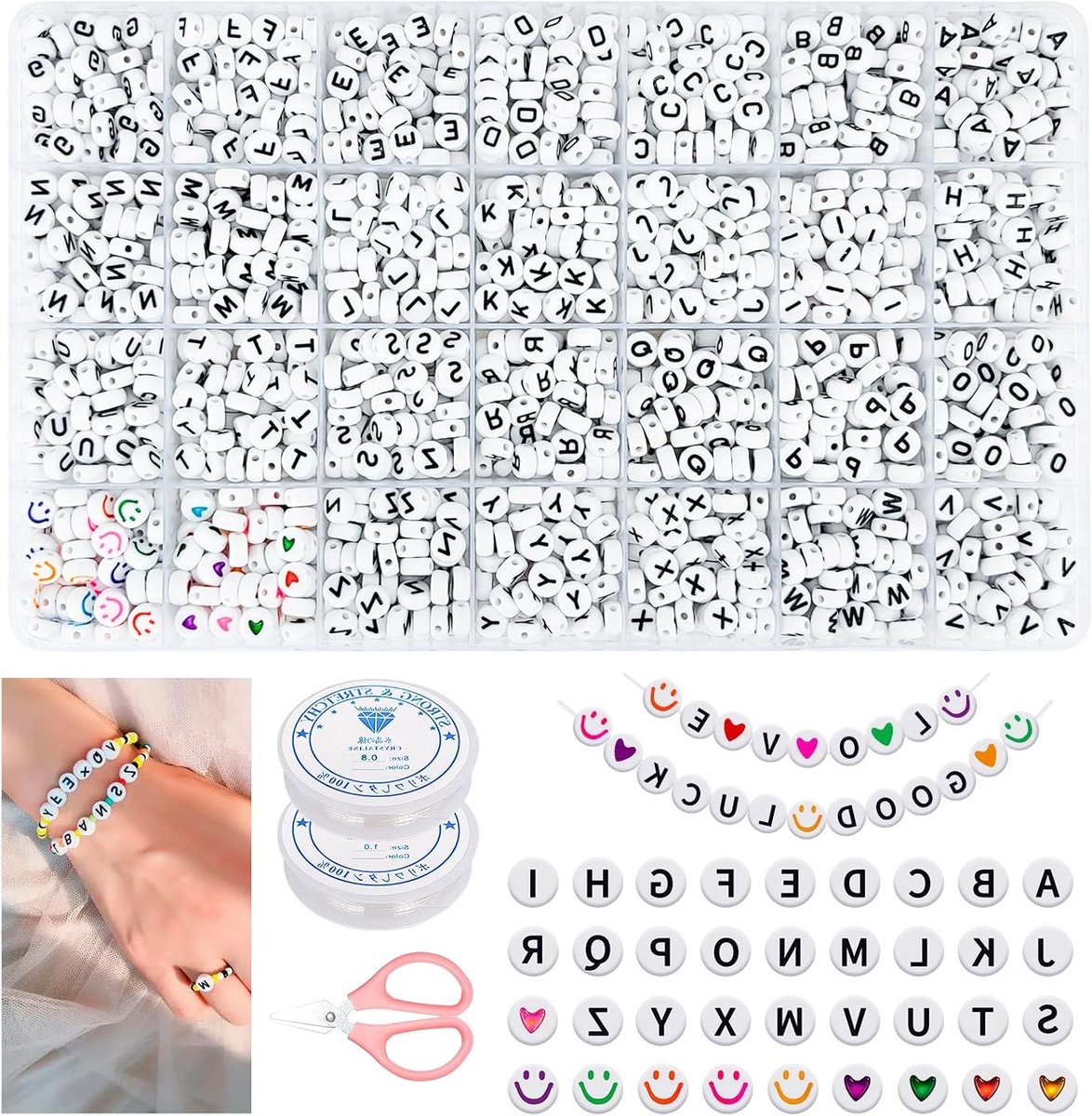 1680 Stuks Letter Kralen A-Z, 7mm Acryl Ronde Smiley Hart Kralen voor Creatief Knutselen en Sieraden Maken, DIY Kettingen en Armbanden