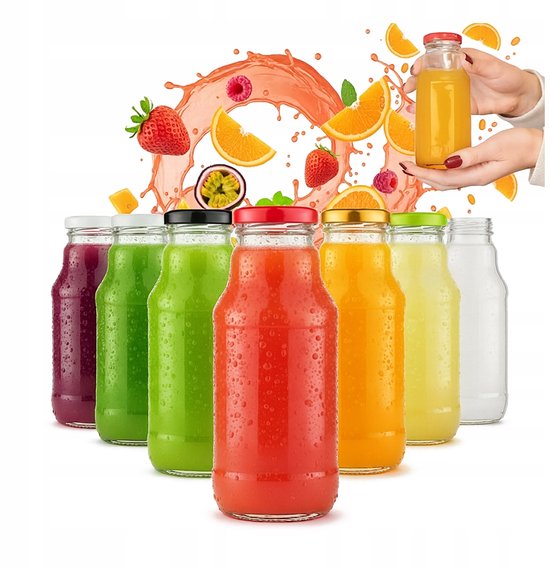 Bimberek KUBUŚ - Bouteille en verre pour jus - 330 ml - Couvercles de différentes couleurs