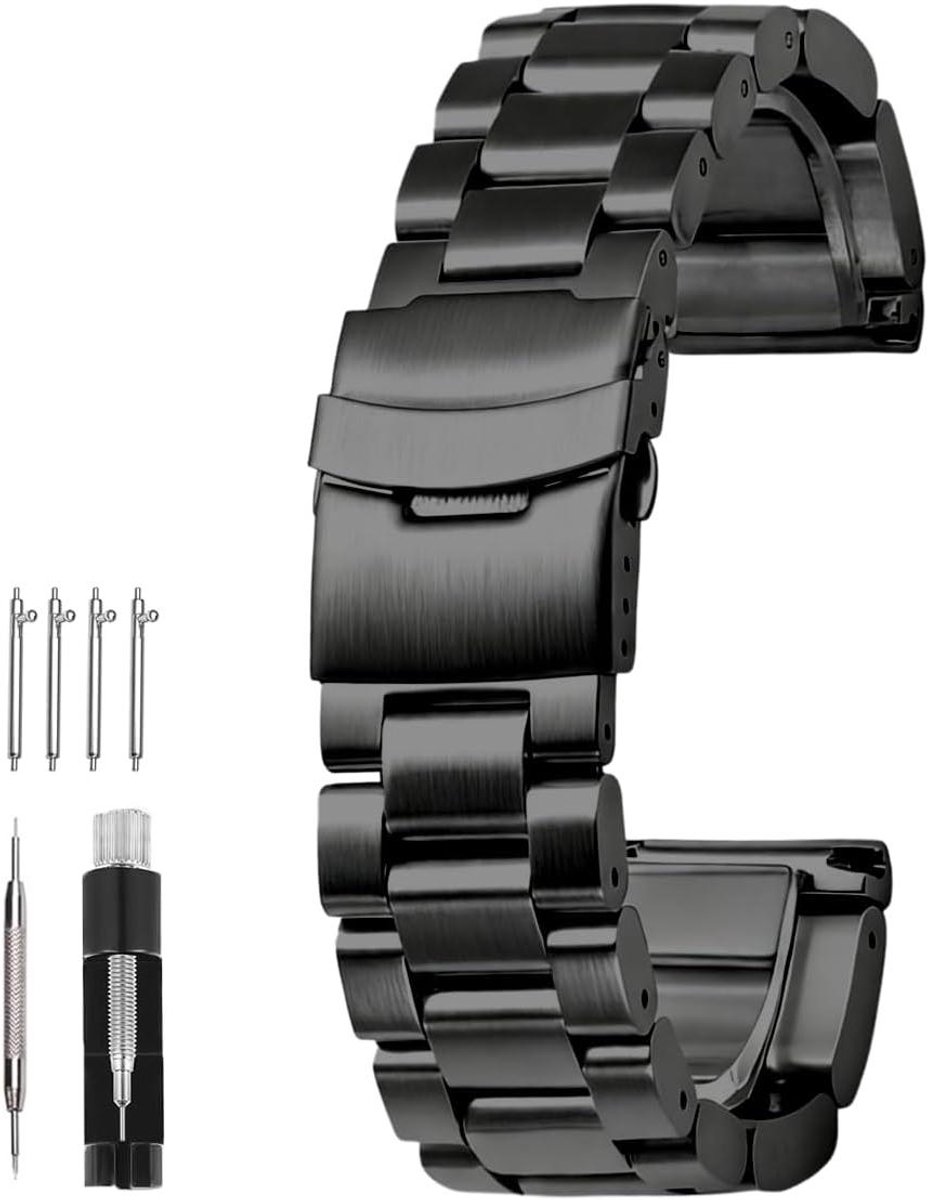 Horlogeband RVS - Met Dubbele Sluiting - Klassieke Stijl - Super Dik - 22mm 24mm 26mm - Zwart Zilver