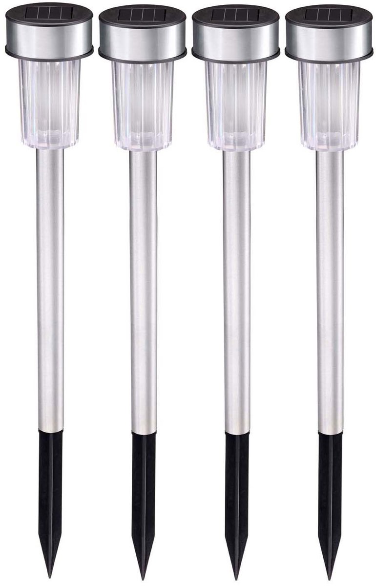 Grundig Solar Tuinlamp Set van 4 - Kleurveranderend Licht - IP44 Spatwaterdicht - Ø4,8 x 36,5 cm - Zilver
