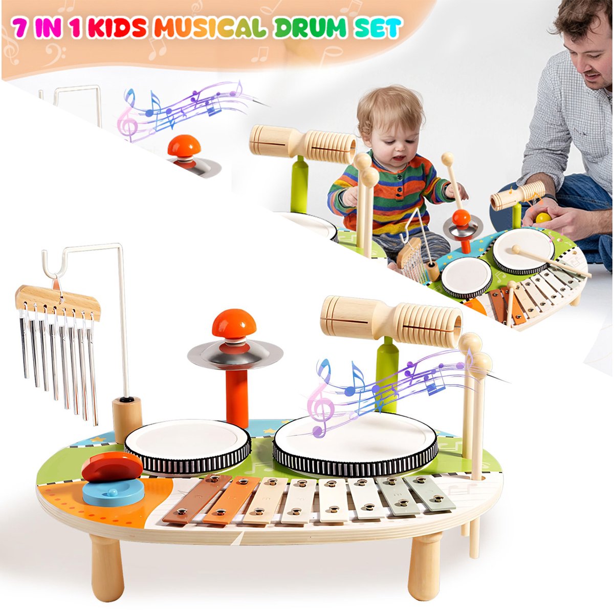 Baby 6in1 - Houten Drumstel - Muziektafel - Verjaardagscadeau voor kinderen - Xylofoon en Windgong - Montessori Percussie speelgoed vanaf 1 jaar