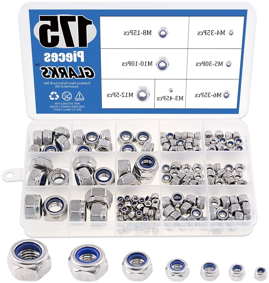 175-delige Assortiment Kit van Metrische 304 RVS Nylon Lock Moeren - M3 M4 M5 M6 M8 M10 M12 voor Bevestiging en Montage
