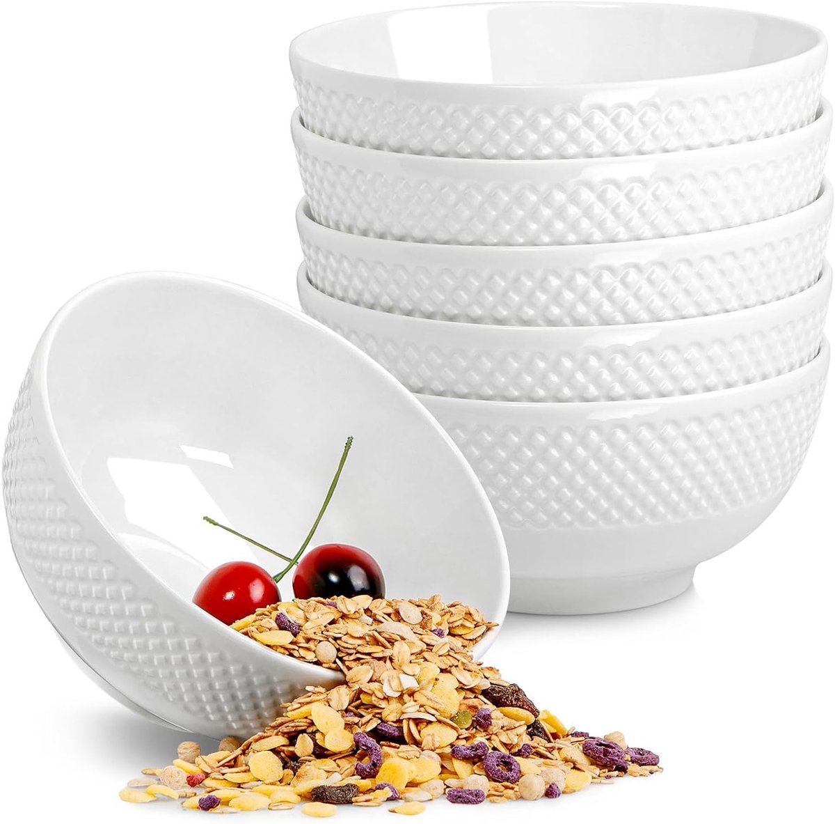 Cereal Bowl Set voor Soep, Salades en Desserts - Witte Keramische Schalen van 700 ml, 15 x 7 cm, Magnetron- en Ovenbestendig (6 stuks)