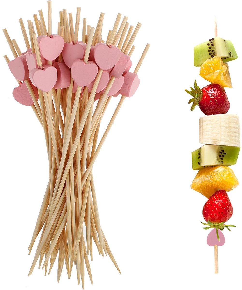 Dailygoody - Cocktailprikkers - Decoratieve Picks - Hartvorm - 100 Stuks - Bamboo Cocktail Sticks - Perfect voor Buffetten - Party Decoratie