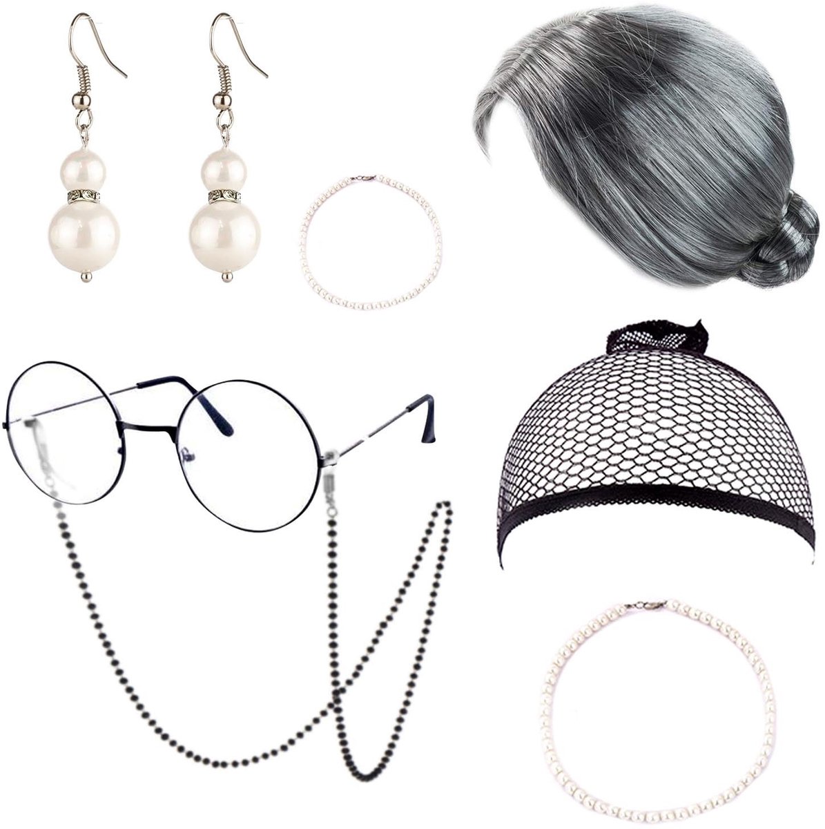Allecto - Kostuum Set voor Oude Dame - 7-delig - Inclusief Pruik en Sieraden - Perfect voor themafeesten - Compleet met Accessoires - Geschikt voor...
