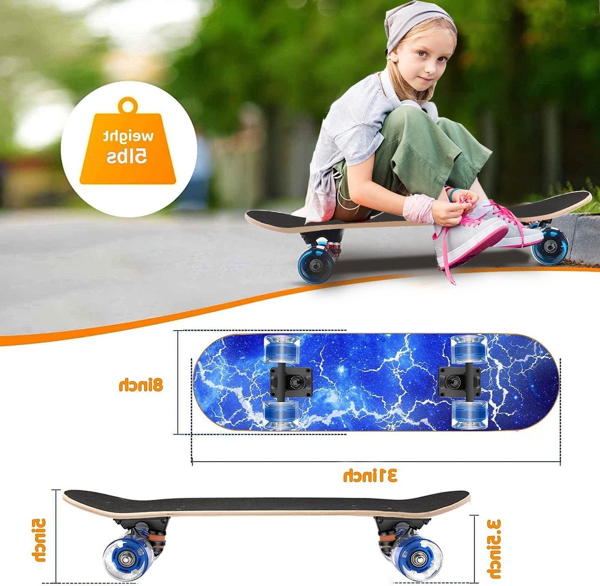 Skateboard met knipperende wielen | Beginners, kinderen, tieners, volwassenen | 71 x 20 cm | 9 laags esdoorn dek | Concave design
