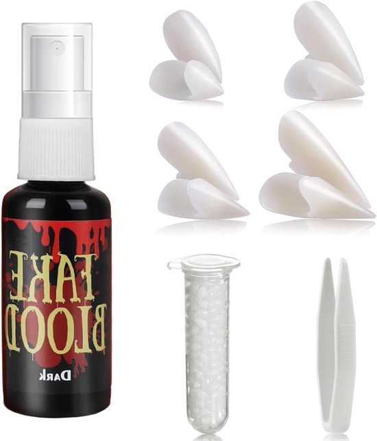 Vampier Tanden Set met 60ml Nep Bloed Spray, Zombie Tanden en Lijm voor Volwassenen en Kinderen, Perfect voor Halloween Feestjes en Kostuums — afbeelding 4