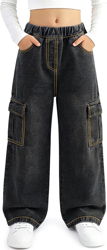 Baggy Meisjes Cargo Broek met Elastische Hoge Taille en Wijde Pijpen - Multi Pocket Losse Jeans voor Tieners van 7-15 Jaar