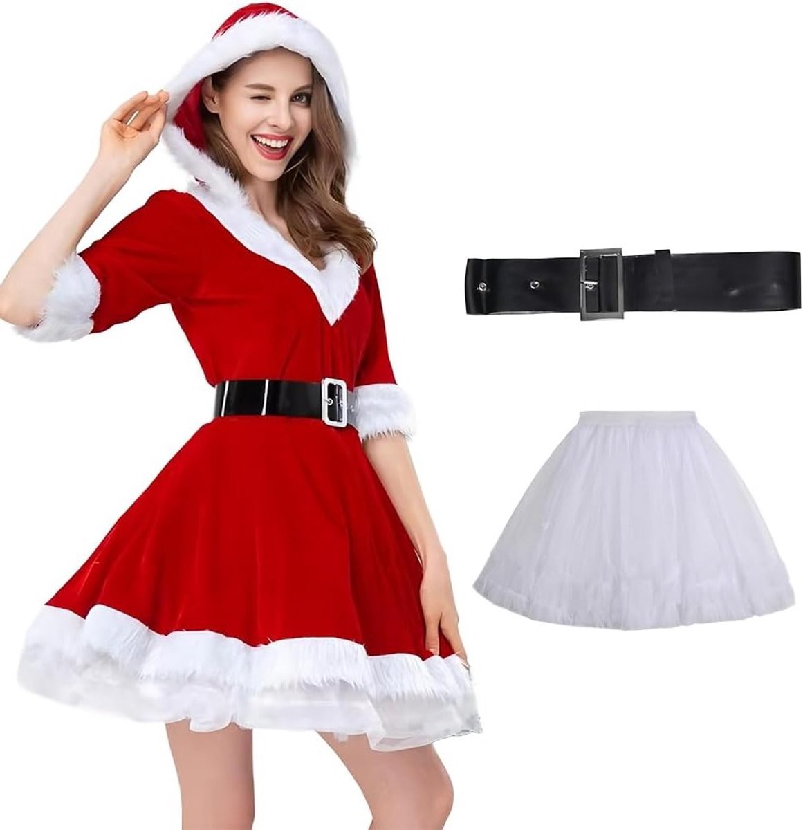 Vrouwelijk Kerstman Kostuum voor Volwassenen, Perfect voor Halloween, Carnaval en Feestjes - Rood met Jurk, Schud en Riem, Maat: L