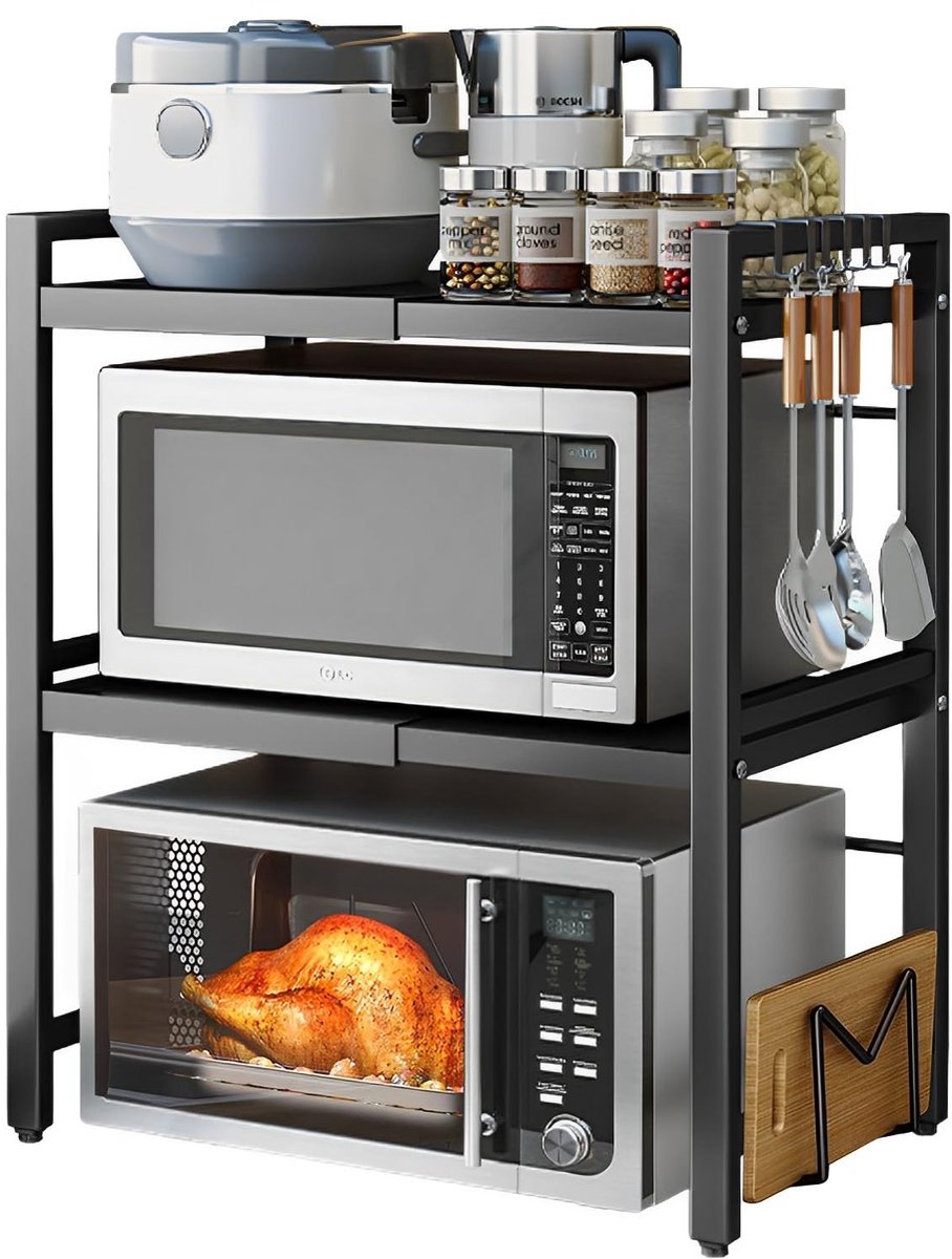 Allecto - Keuken Organizer - Magnetron Rek - 3-Lagen Werkblad - Zwart - Kookgerei Opberg - Uitbreidbaar van 40-64 cm - Geschikt voor Keuken