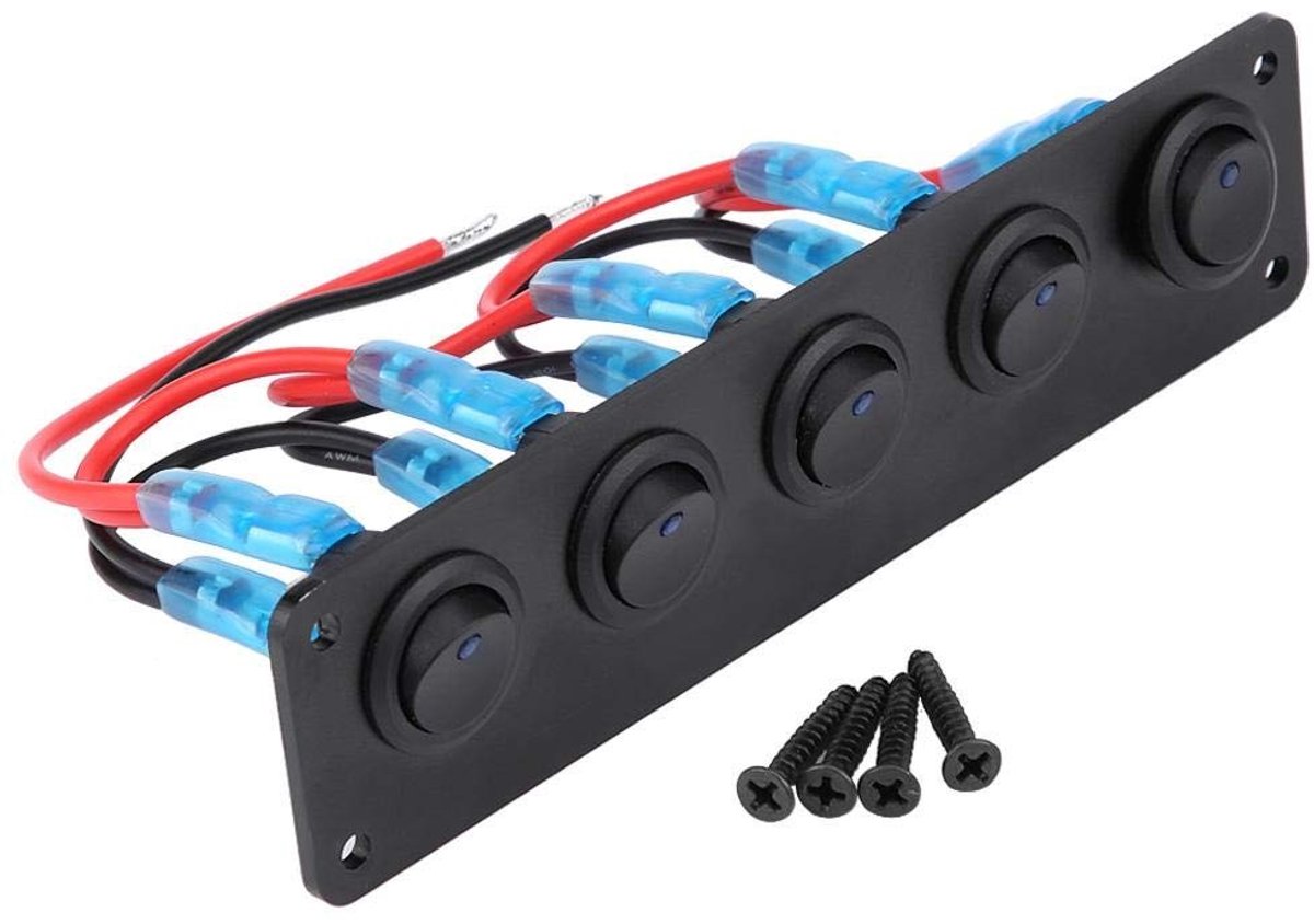 SPHProducts - 12-24V Tuimelschakelaar Paneel - 5 Gang Schakelaar - Eenvoudige installatie - LED Verlichting - Geschikt voor Auto's, Campers en Boten